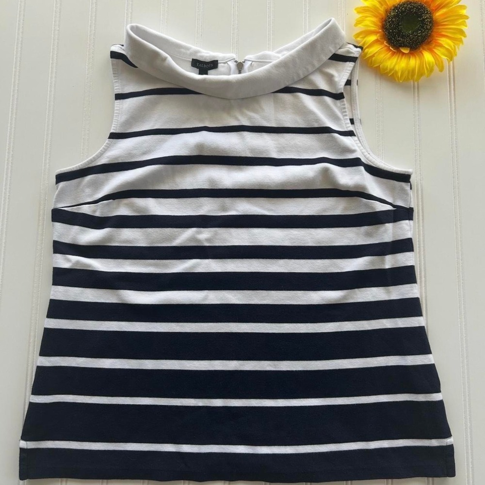 Talbots Tank Top Large Women Navy White Excellent Striped Roll Neck Sleeveless